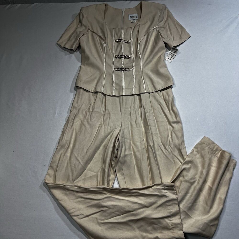 Vintage 80s 90s Maren Gantos Jumpsuit Cream Beige Gold Buckle NWT Women's Size 4